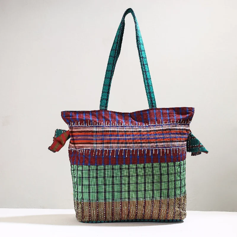 Green - Handmade Gamcha Fabric Kantha Work Tote Bag