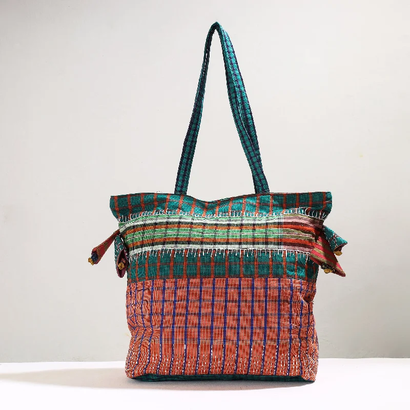 Orange - Handmade Gamcha Fabric Kantha Work Tote Bag