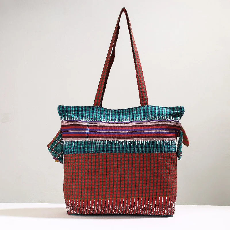 Red - Handmade Gamcha Fabric Kantha Work Tote Bag