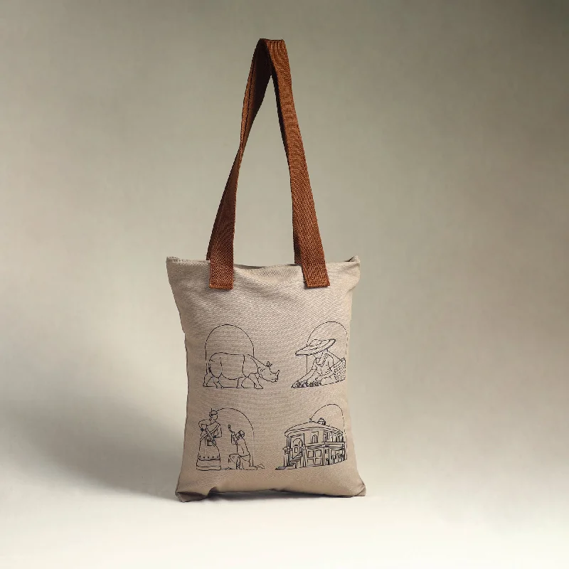 Beige - Assam's Iconic Symbols Cotton Canvas Tote Bag