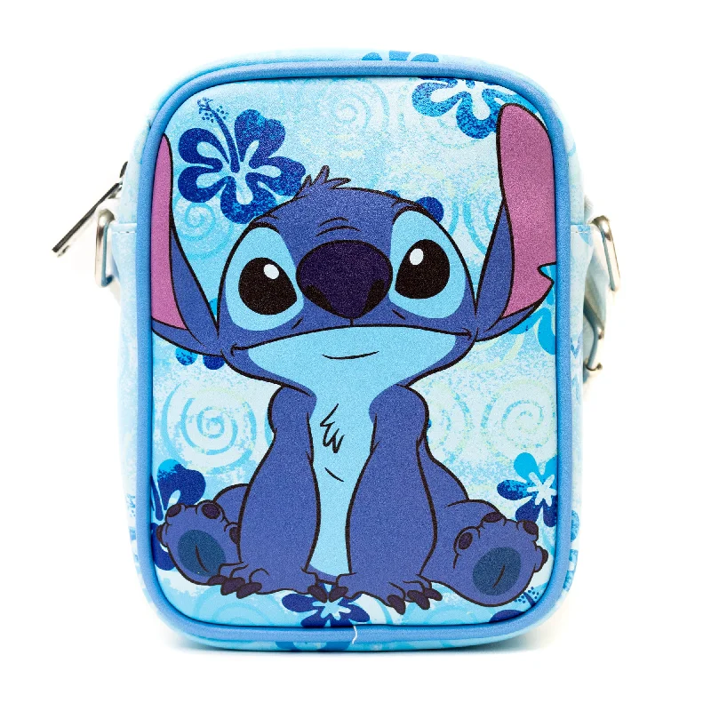 Disney Bag, Cross Body, Lilo and Stitch Stich Sitting Flowers, Blue, Vegan Leather