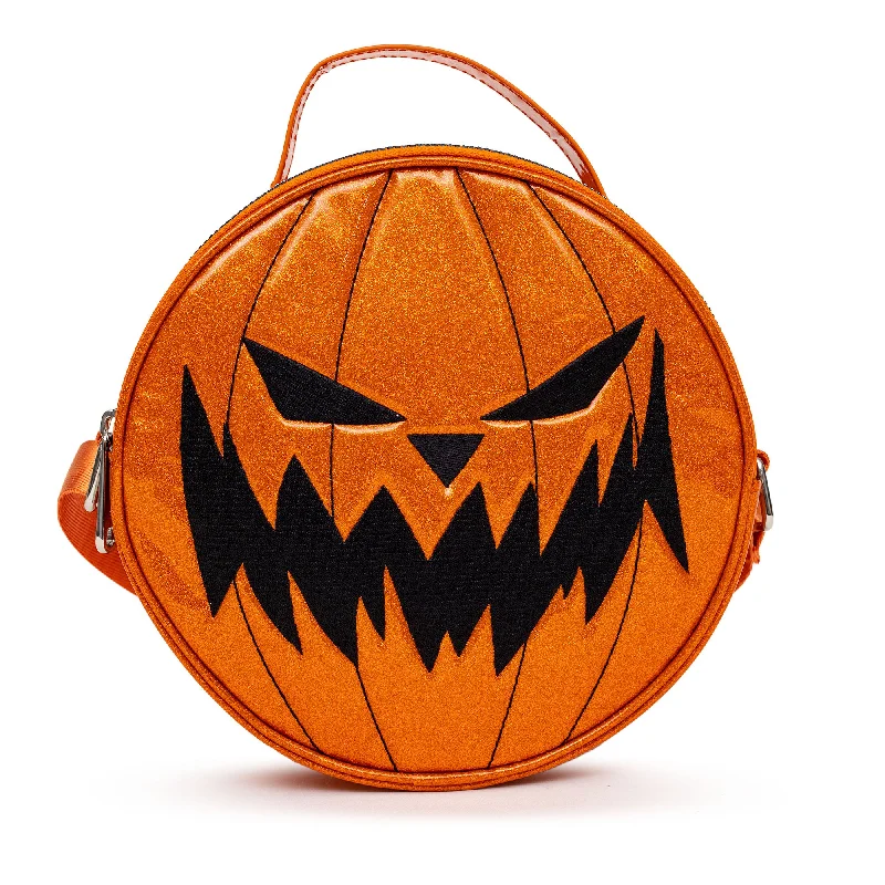 Disney Bag, Cross Body, Round, Nightmare Before Christmas Pumpkin King and Jack Face Orange Glitter Vinyl, Vegan Leather