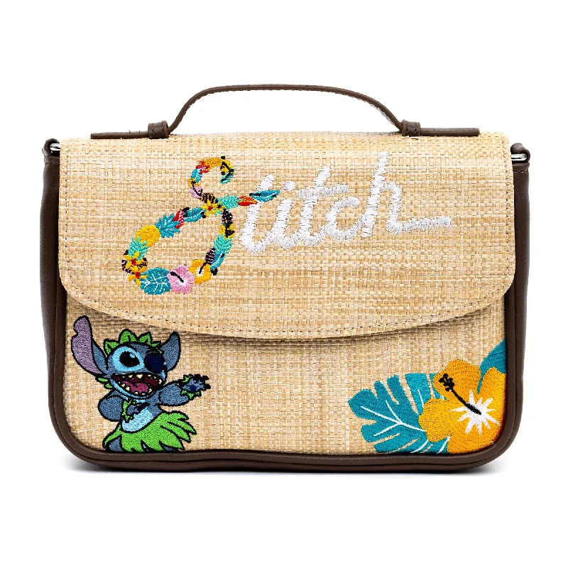 Disney Bag, Fold Over Cross Body, Lilo and Stitch Embroidered Stitch Poses, Raffia Straw