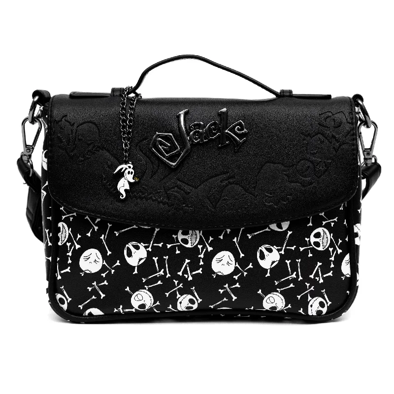 Disney Bag, Fold Over Cross Body, Nightmare Before Christmas Jack Faces and Bones Black White, Vegan Leather