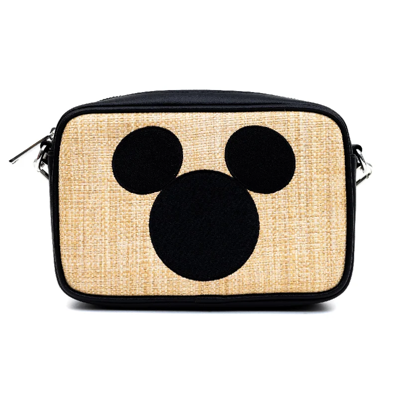 Disney Bag, Horizontal Cross Body, Mickey Mouse Embroidered Ears Signature, Raffia Straw