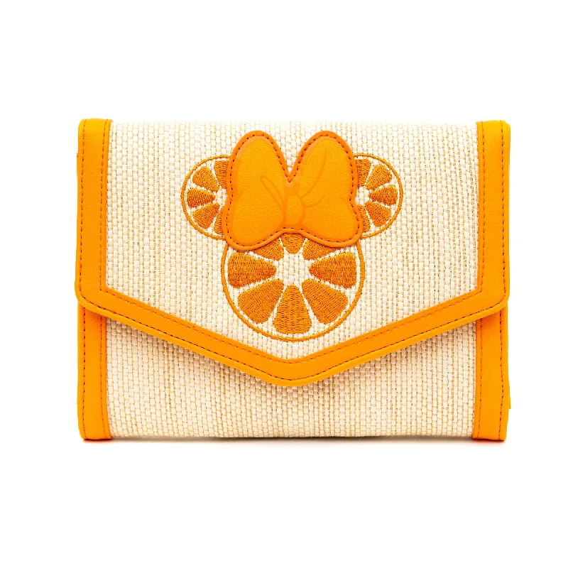 Disney Bag, Horizontal Fold Over Cross Body, Minnie Mouse Embroidered Citrus Ears with Bow Orange, Raffia Straw