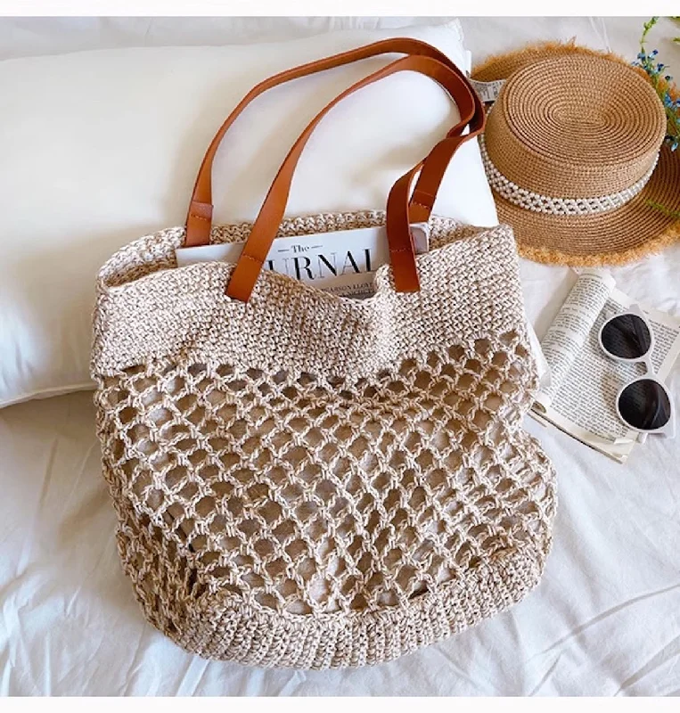 Elena Handbags Retro Fish Net Cotton Knitted Shoulder Bag with Leather Straps