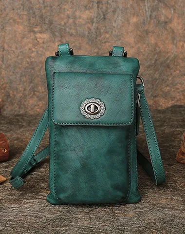 Green Leather Womens Phone Shoulder Bag Small Vertical Side Bag Handmade Crossbody Purse for Ladies