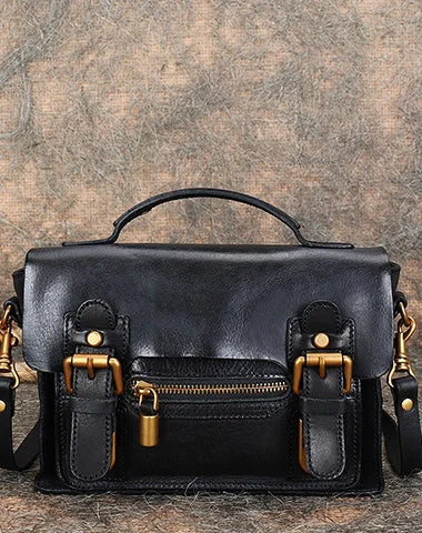 Handmade Small Leather Womens Satchel Shoulder Bags Black Handbag Crossbody Purse for Ladies