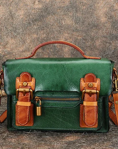 Handmade Small Leather Womens Satchel Shoulder Bags Green Handbag Crossbody Purse for Ladies