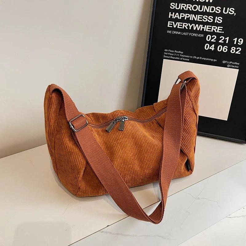 Large Corduroy Soft Fabric Shoulder Bags Women Zipper Solid Hobo Handbags