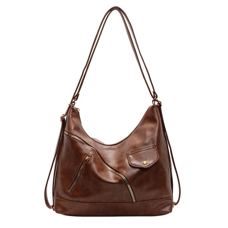 Large Leather Shoulder Bags Irregular Zip Outer Pockets Women Soft Handbags