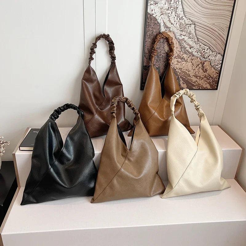 Large Leather Shoulder Bags Triangle Shape Ruched Handle Women Tote handbags