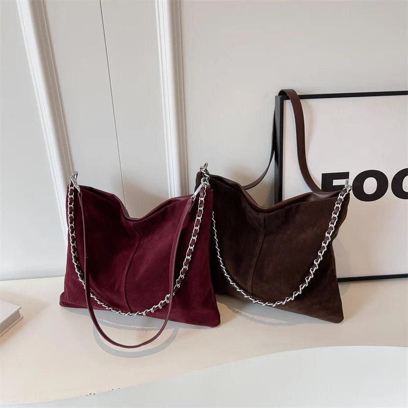 Large Shoulder Bags Nubuck Soft Leather Chain Strap Zipper Women Purses