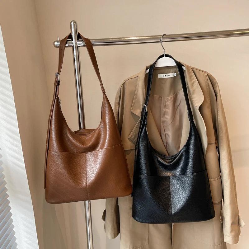 Leather Shoulder Bags Soft Women Zip Outer Double Pockets with Interior Purse Bags