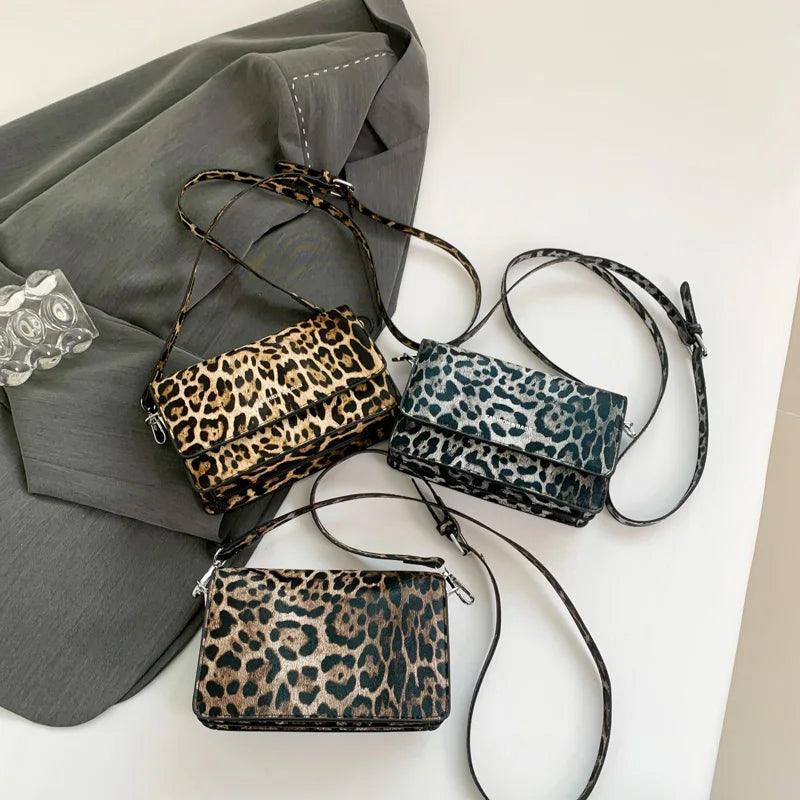 Leopard Leather Crossbody Bags Women Mini Flap Zip Messenger Shoulder Bags