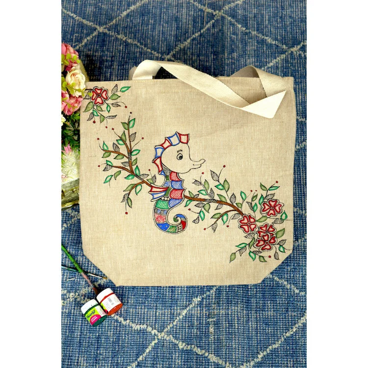 Beige - Cultural Canvas Carryall Handpainted Cotton Jute Tote Bag