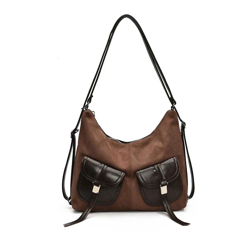 Nubuck Leather Shoulder Bags Flap Outer Pockets Women Soft Handbags Purses