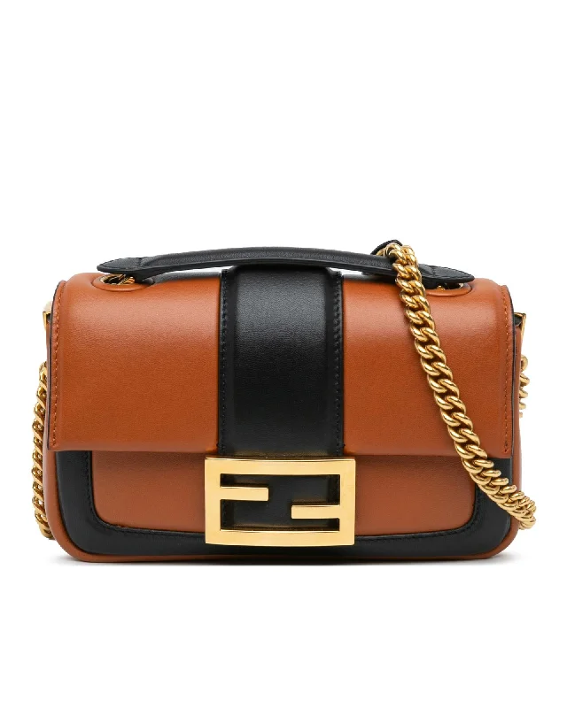 Mini Bicolor Nappa Chain Baguette Shoulder Bag with Leather Body and Flap Closure