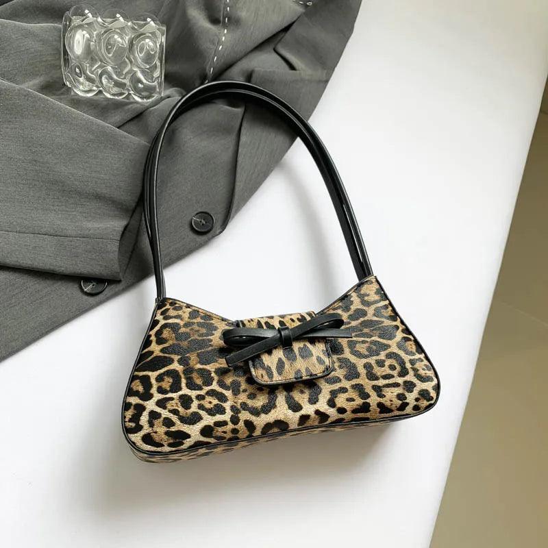 Small Leopard Shoulder Bags Bow Flap Snap Zipper Women Underarm Purses