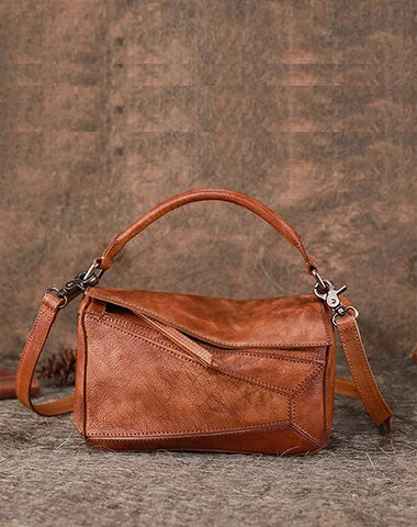 Vintage Brown Leather Womens Cube Shoulder Bag Handmade Geometry Crossbody Purse for Ladies