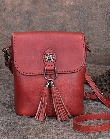 Vintage Small Red Leather Womens Vertical Shoulder Bag With Tassels Handmade Crossbody Purse for Ladies