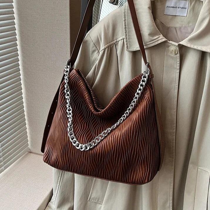 Women Shoulder Bags Leather Wave Pattern Thick Silver Chain Handle Snap Purses