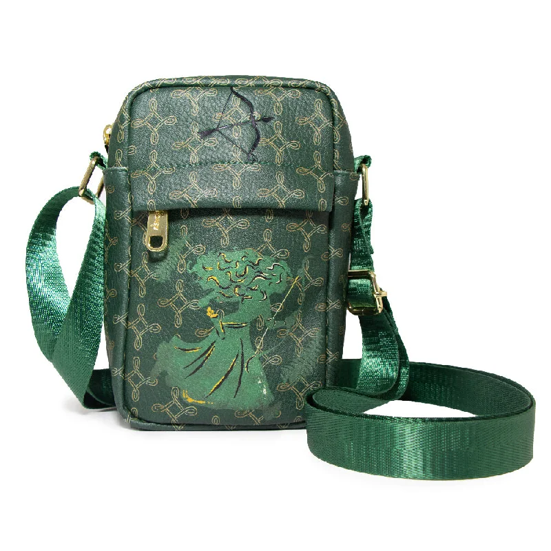 Women's Crossbody Wallet - Brave Merida Running Pose Silhouette with Bow and Celtic Knot Greens Golds