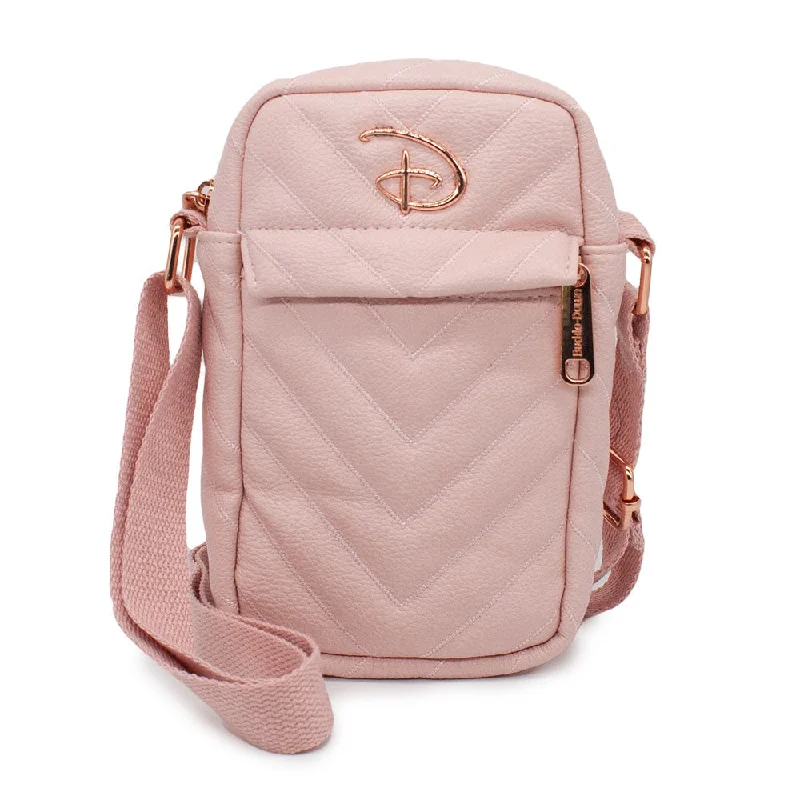 Women's Crossbody Wallet - Disney Signature D Rose Gold Logo with Chevron Zigzag Stitch Pink