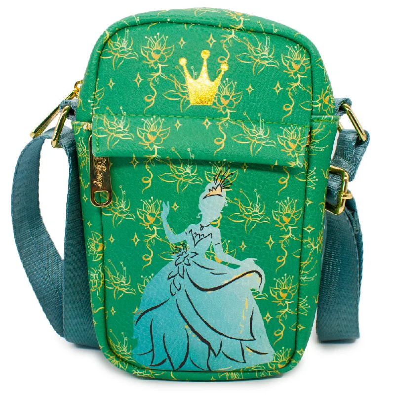 Women's Crossbody Wallet - The Princess and the Frog Tiana Pose Silhouette and Crown Greens Golds