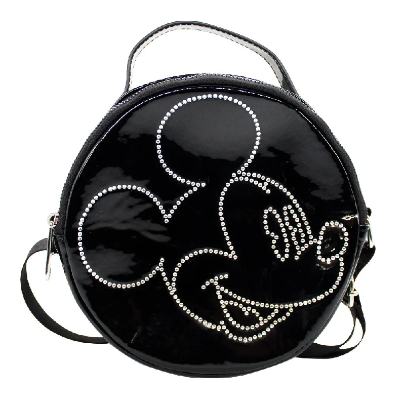 Women's Round Crossbody Bag - Black Patent PU - Mickey Mouse Rhinestone Smiling Face Outline