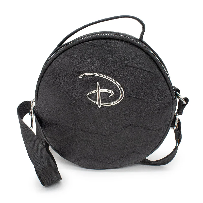 Women's Round Crossbody Bag - Disney Signature D Silver Logo with Chevron Zig Zag Stitch Black