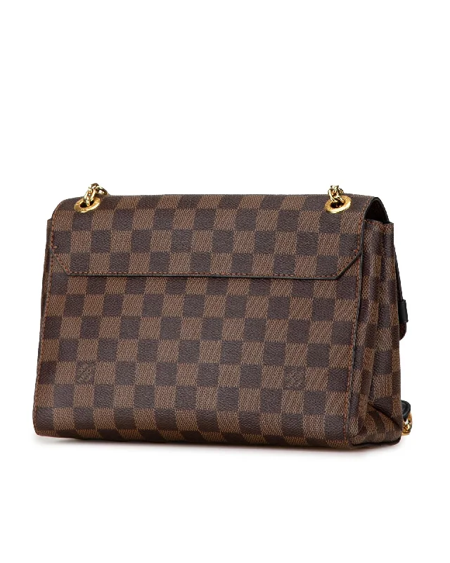 Damier Canvas Chain Shoulder Bag with Flip-Lock Closure and Leather Accents