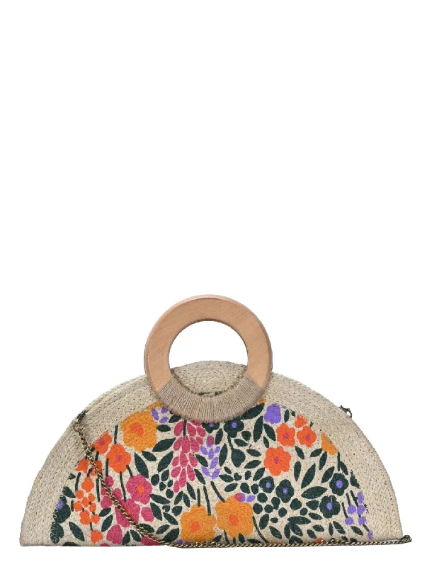 BGAIN236 Handmade Half Moon Jute Floral Clutch With Chain Strap