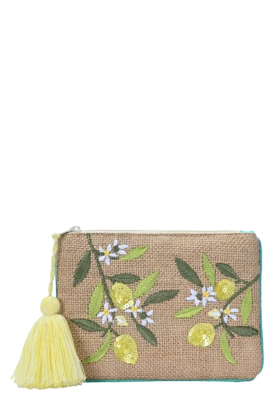 BGAIN320 Handmade Lemon Print Embroidered Jute Coin Pouch With Tassel