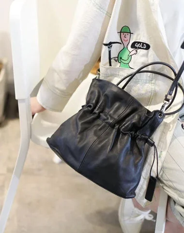 Fashion Womens Black Leather Drawstring Bucket Handbag Purse Womens Bucket Tote Bag for Ladies