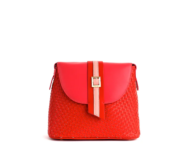 Gunas New York Kate Red Vegan Basket Weave Crossbody Shoulder Bag