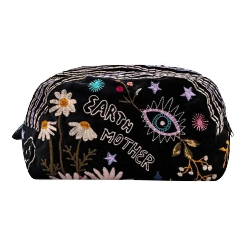 Johnny Was Cotton Embroidered Zipper Cosmetic Bag Handbag Makeup Purse Black NEW