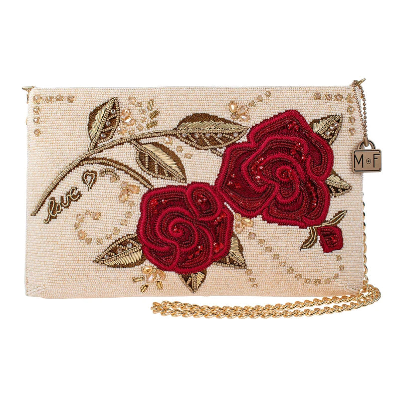 Mary Frances Roses Are Red Crossbody Clutch Handbag Embroidery Beige Bag New