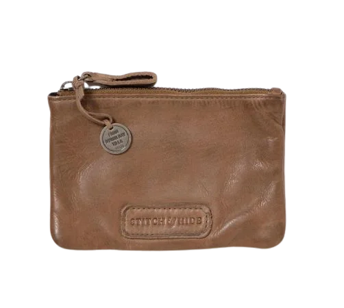 STATUS ANXIETY MELBOURNE WASHED LEATHER POUCH ZIP WALLET TAUPE BROWN