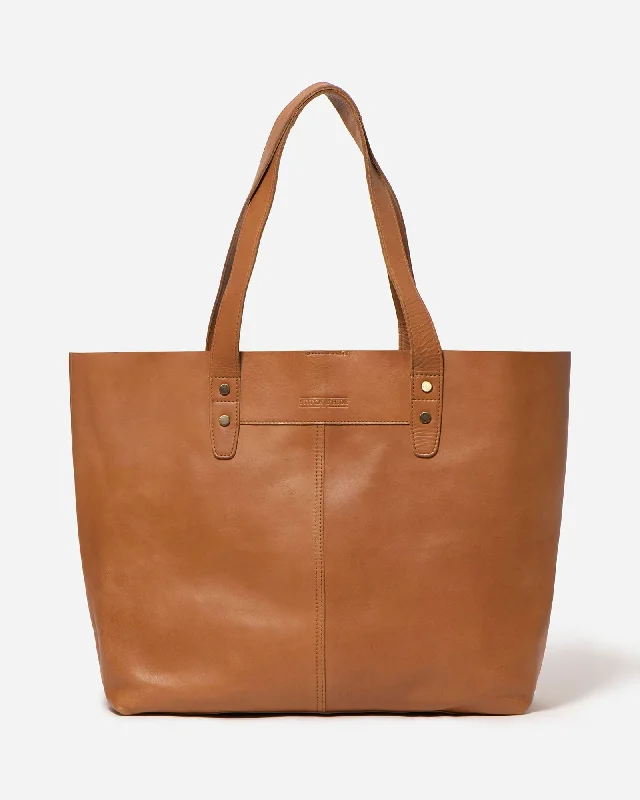 STITCH & HIDE LEATHER EMMA TOTE BAG - CLASSIC COLLECTION - ALMOND BROWN - FREE WALLET POUCH