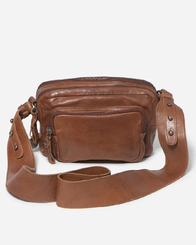 STITCH & HIDE WASHED LEATHER FITZROY CROSSBODY/SHOULDER BAG SADDLE BROWN - FREE WALLET POUCH